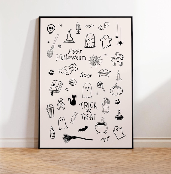 Black Ink Halloween Doodle Poster on Cream with Cute Spooky Icons
