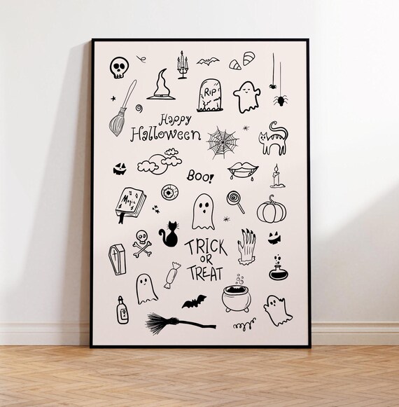 Cute Halloween Black White Hand Draw Poster Spooky Retro Halloween Wall Art Funky Preppy Dorm Room Boo Ghosts Cat Spider Helloween Icons