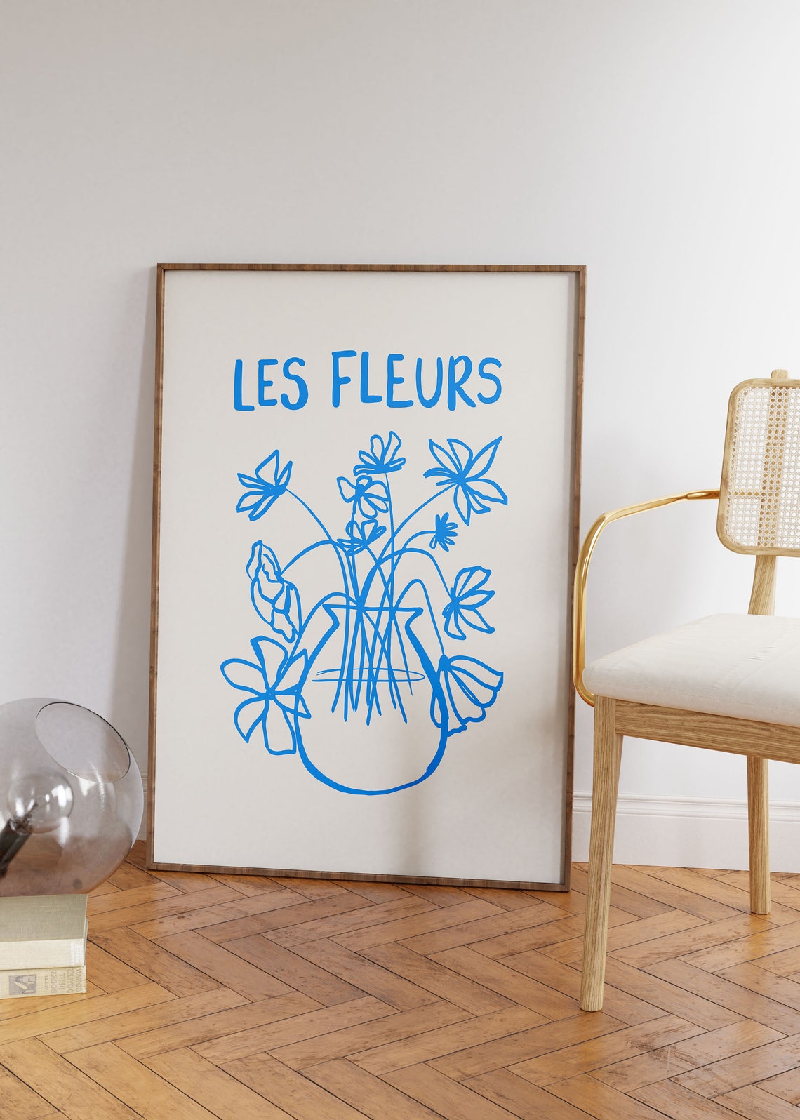 Blue Les Fleurs Flower Vase Botanical Line Art Hand Drawn Poster