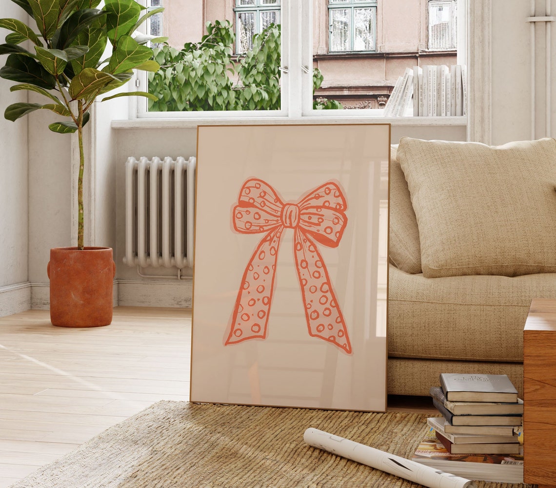 Coral Polka Dot Ribbon Bow Coquette Aesthetic Girly Wall Poster - Image 2