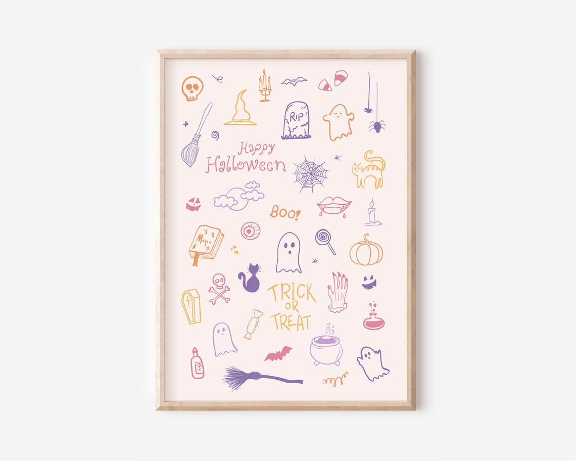 Pastel Happy Halloween Doodle Poster with Colorful Spooky Icons - Image 2
