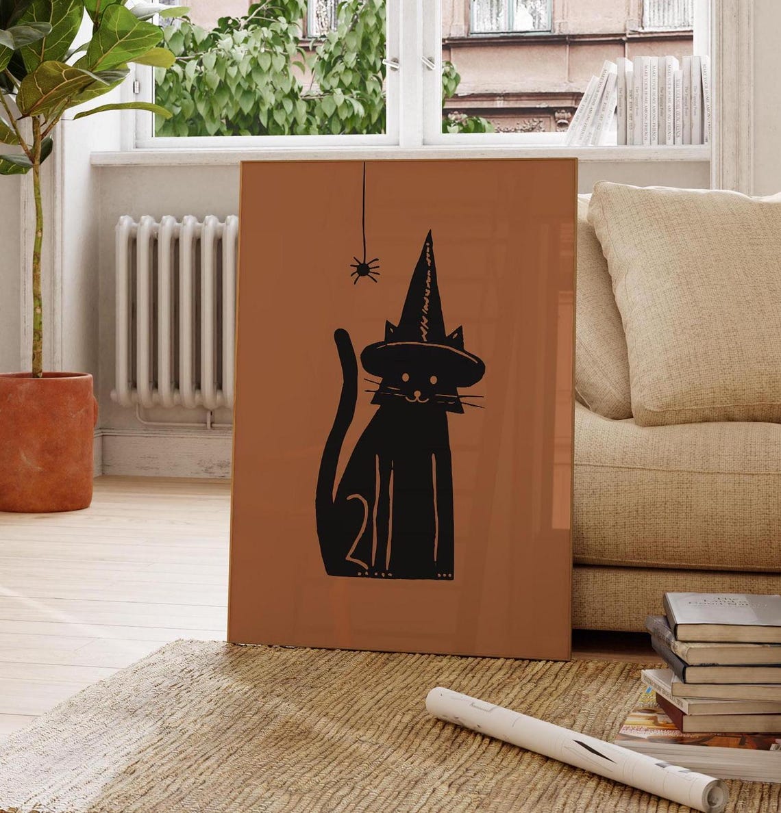 Black Cat in Witch Hat Silhouette Burnt Orange Halloween Poster