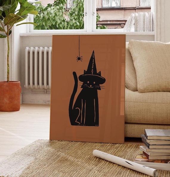 Black Cat in Witch Hat Silhouette Burnt Orange Halloween Poster