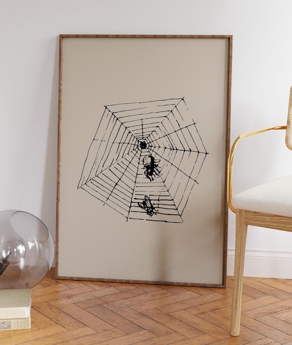 Minimalist Spider Web and Spider Black Ink Beige Halloween Poster