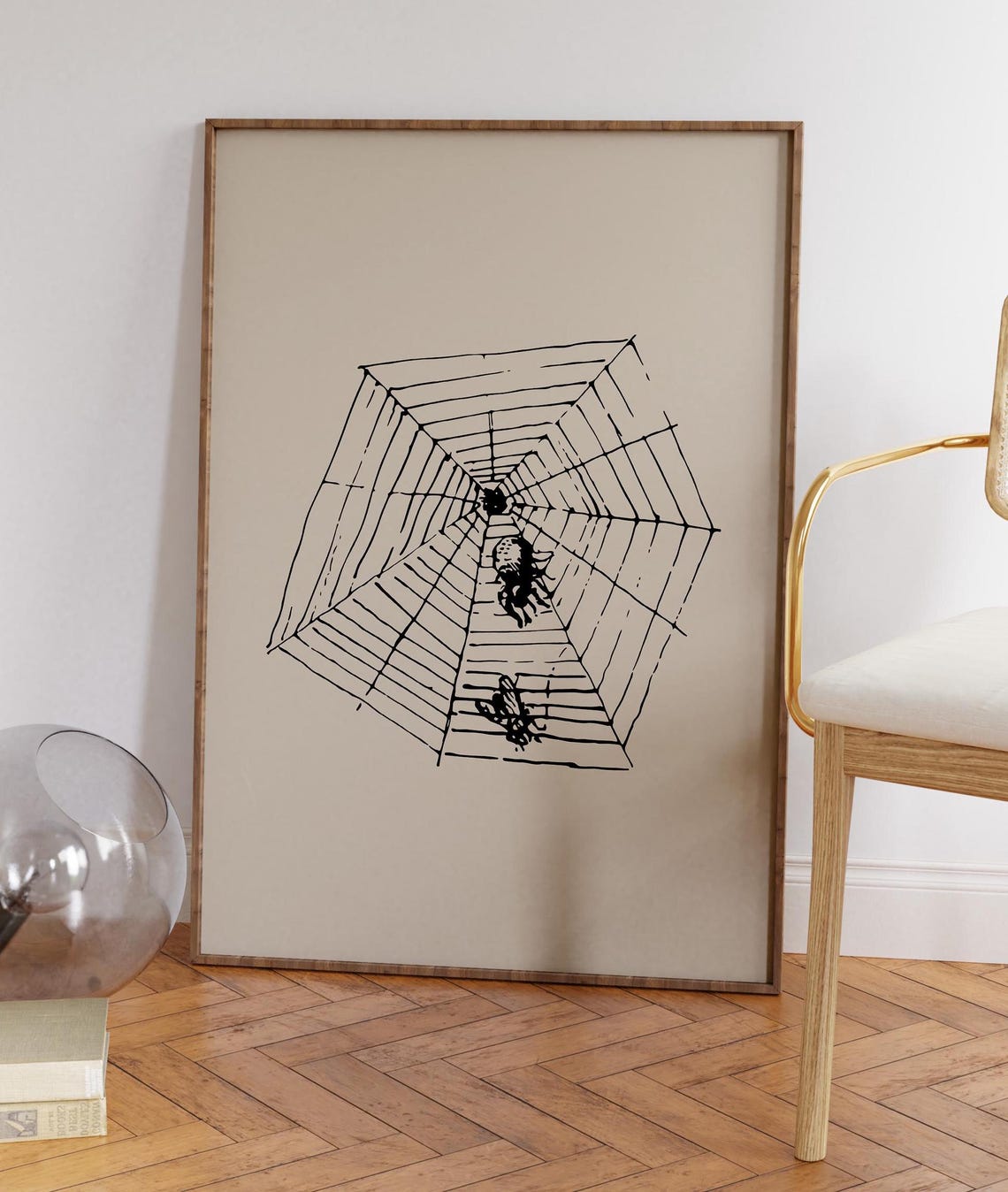 Minimalist Spider Web and Spider Black Ink Beige Halloween Poster
