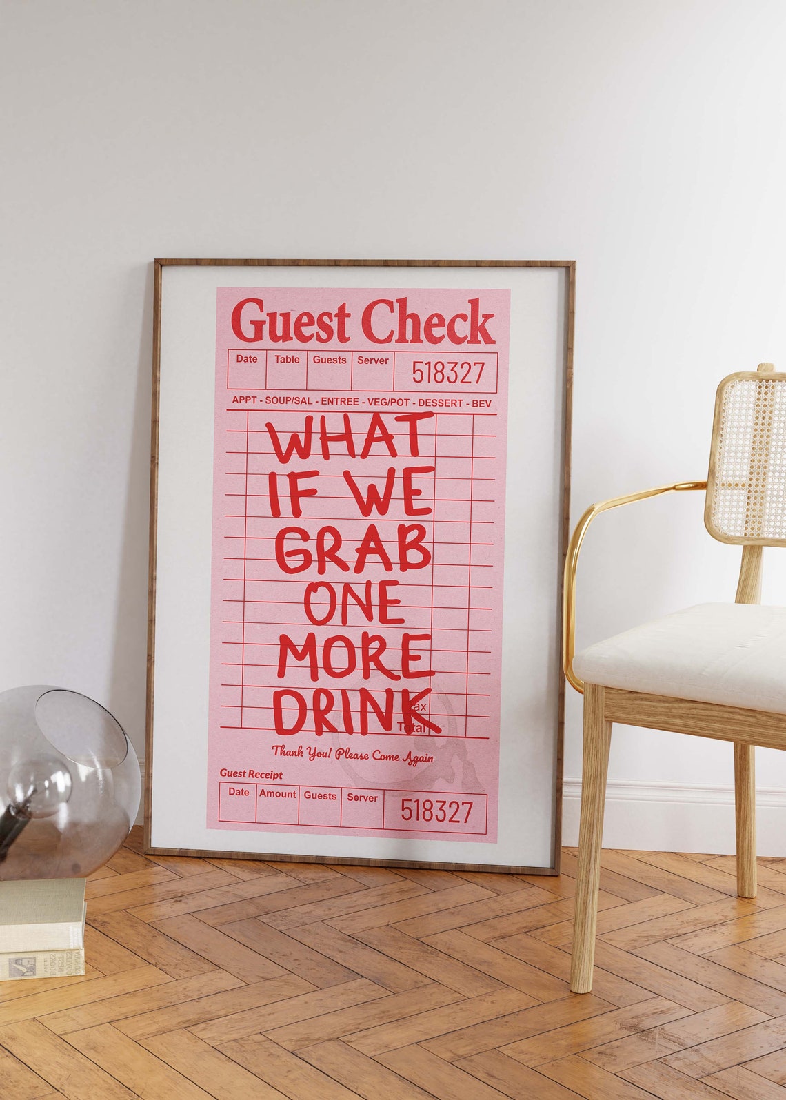 What If We Grab One More Drink Pink Guest Check Bar Cart Retro Poster