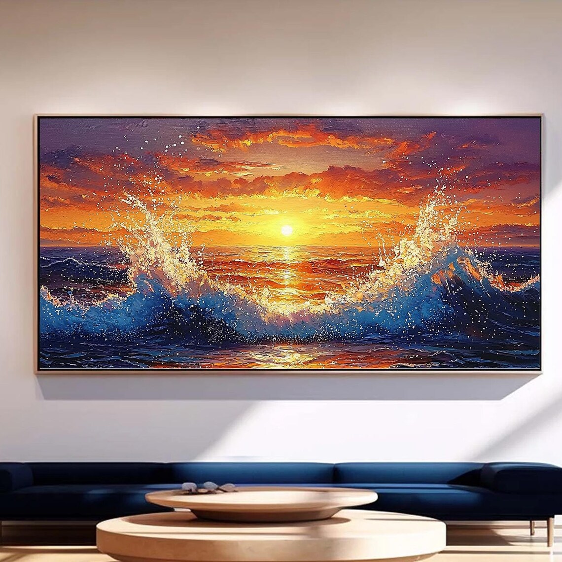 Golden Sun Center Ocean Sunset with Crashing Waves Oil Poster
