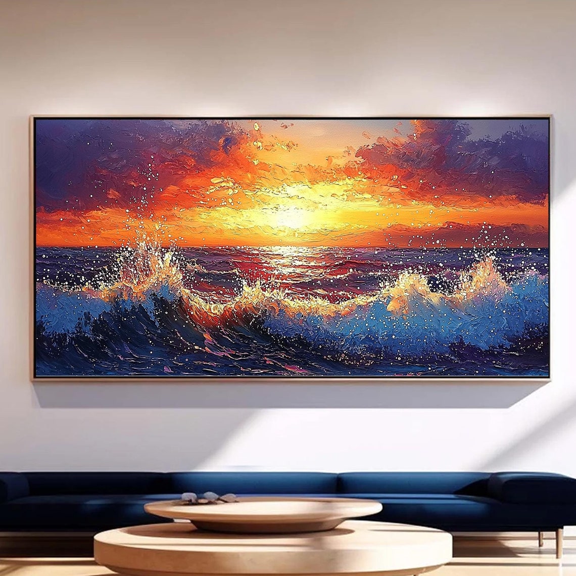 Fiery Orange Sunset over Deep Blue Ocean Waves Oil Art Poster
