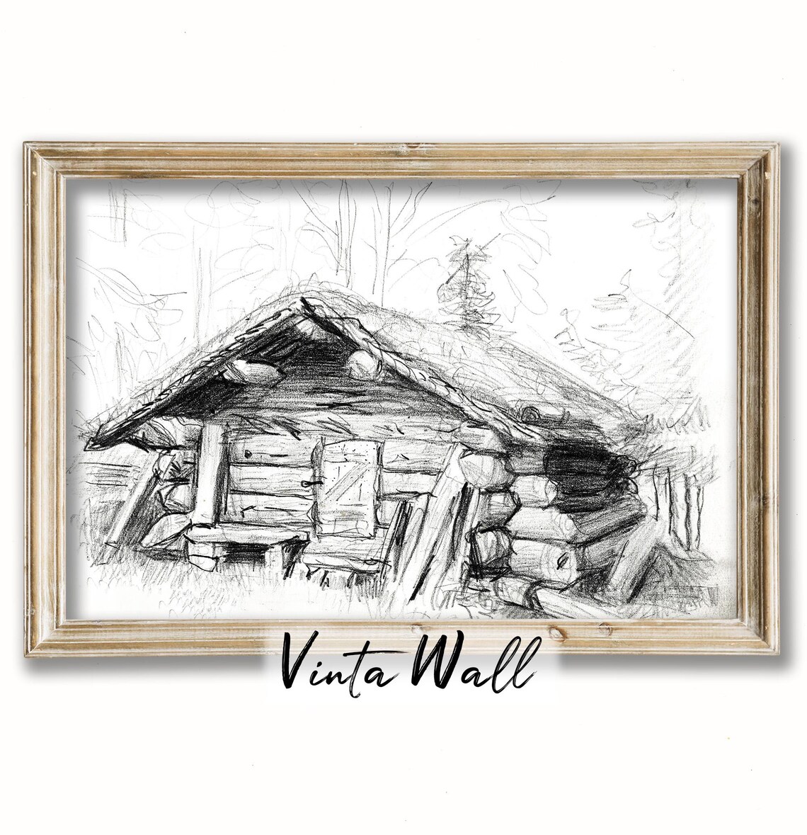 Rustic Log Cabin Pencil Sketch Forest Woodland Vintage Drawing Poster