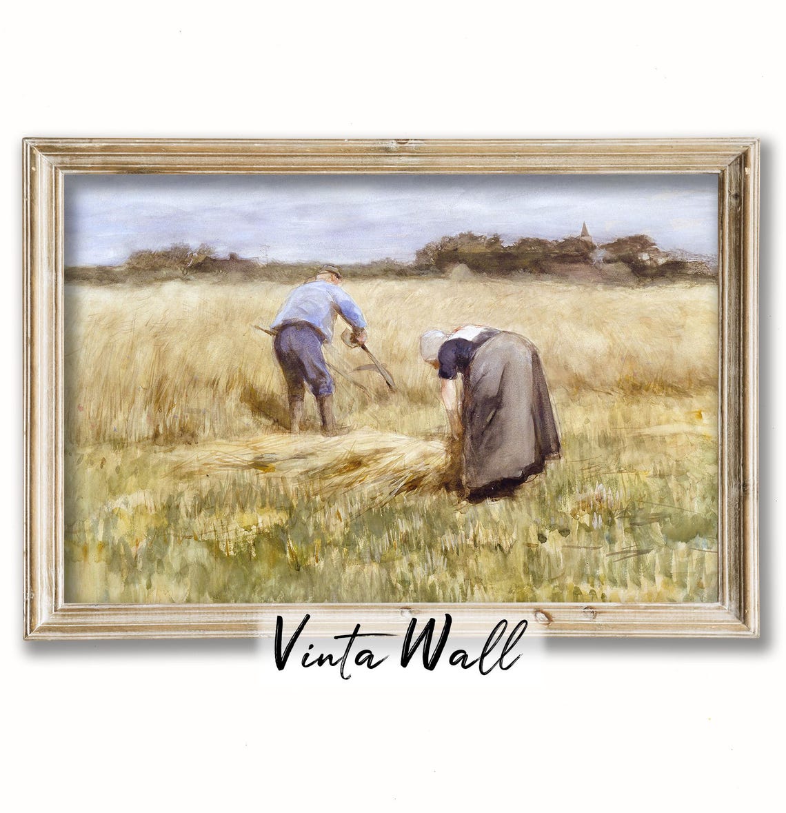 Harvesting Print Woman Oil Painting Farmhouse Country Weeder European Muted Colours Vintage Landscape Art Warm Home Wall Decor