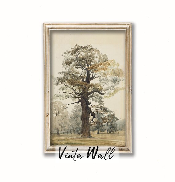 Majestic Old Oak Tree in Open Field Vintage Watercolor Botanical Poster