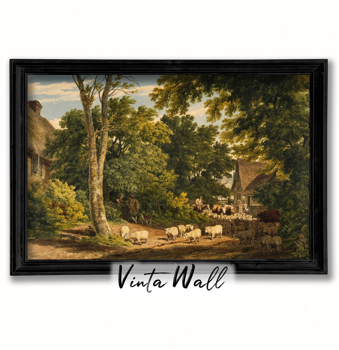 Sheep Flock Village Drive Green Trees Vintage Pastoral Scene Poster - Image 2