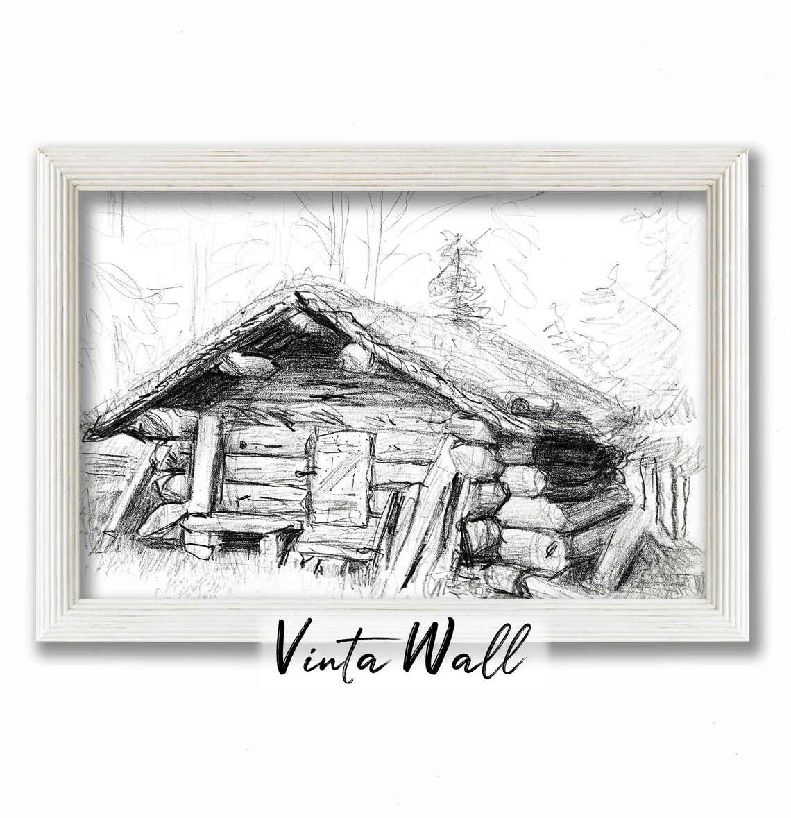 Rustic Log Cabin Pencil Sketch Forest Woodland Vintage Drawing Poster - Image 4