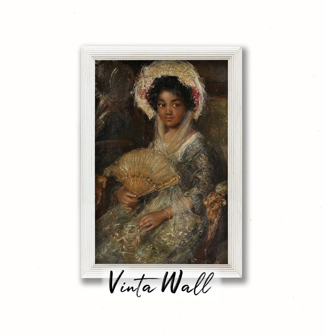 Portrait Young Lady Oil Painting Rich Noble Black Woman Farmhouse Vintage Print Fan Hat Art Country Wall Antique Muted Colours - Image 3