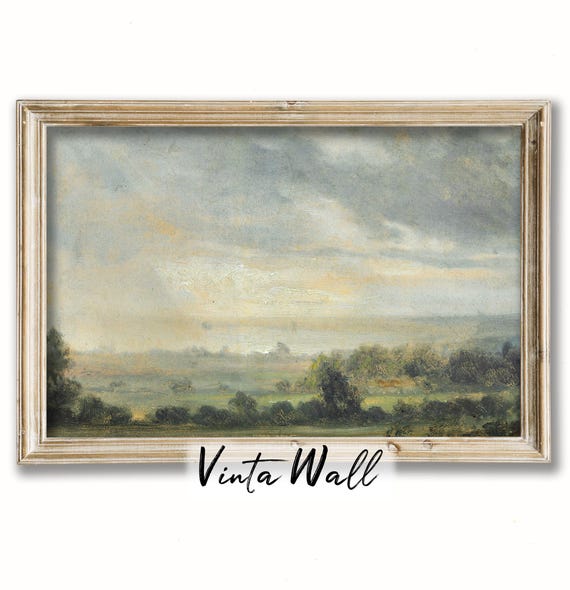 Dark Academia Green Hills Print Field Trees Oil Painting Farmhouse Meadow Vintage Scenery Art Tones Home Wall Decor Landscape