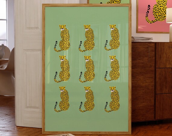 Preppy Cheetah Grid Jungle Design Mint Green Animal Art Poster