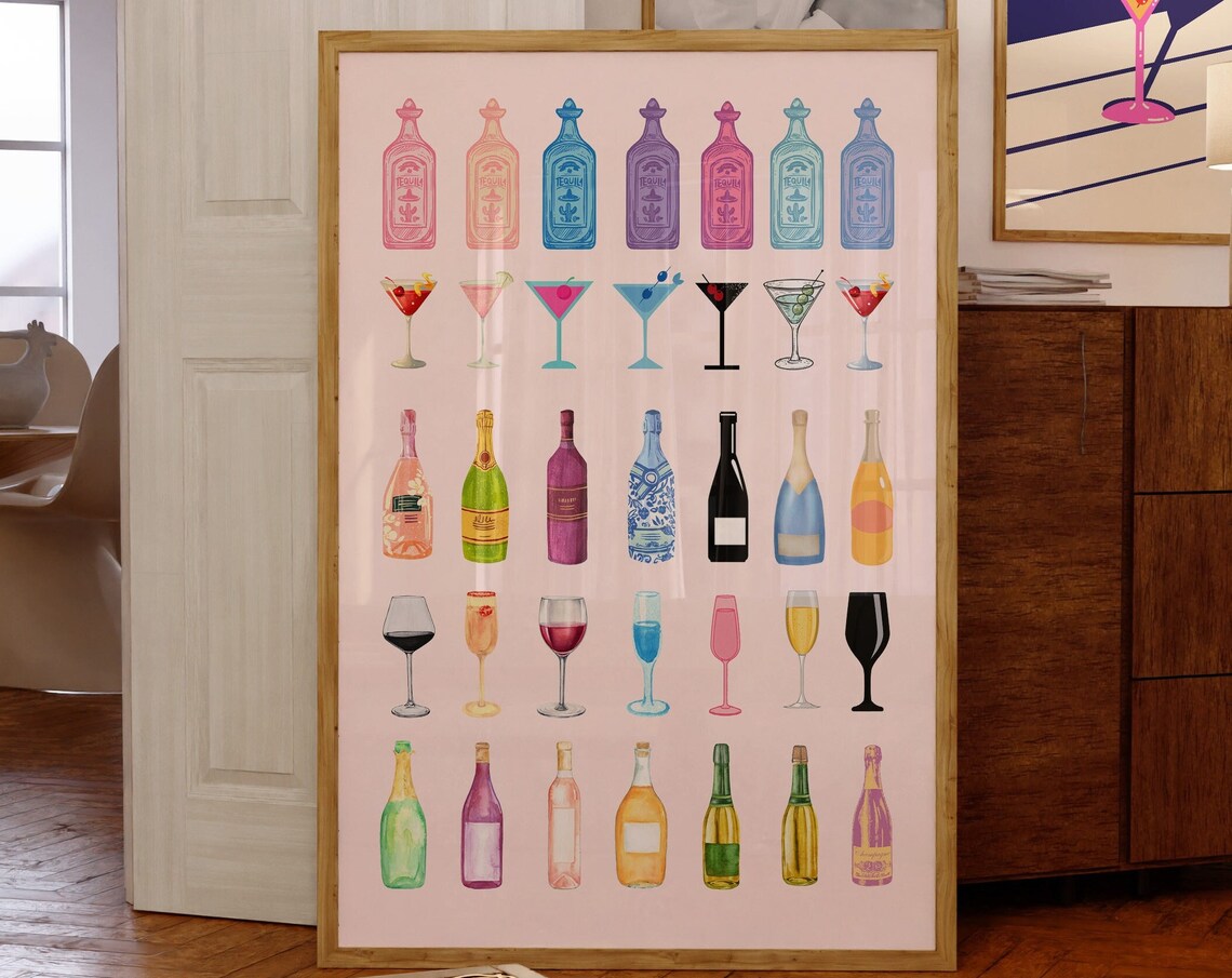 Retro Champagne Poster Aesthetic Girly Bar Cart Art Preppy Pink Posters Champagne Posters Wine Bottle Cute Girly Poster Champagne Wall Art
