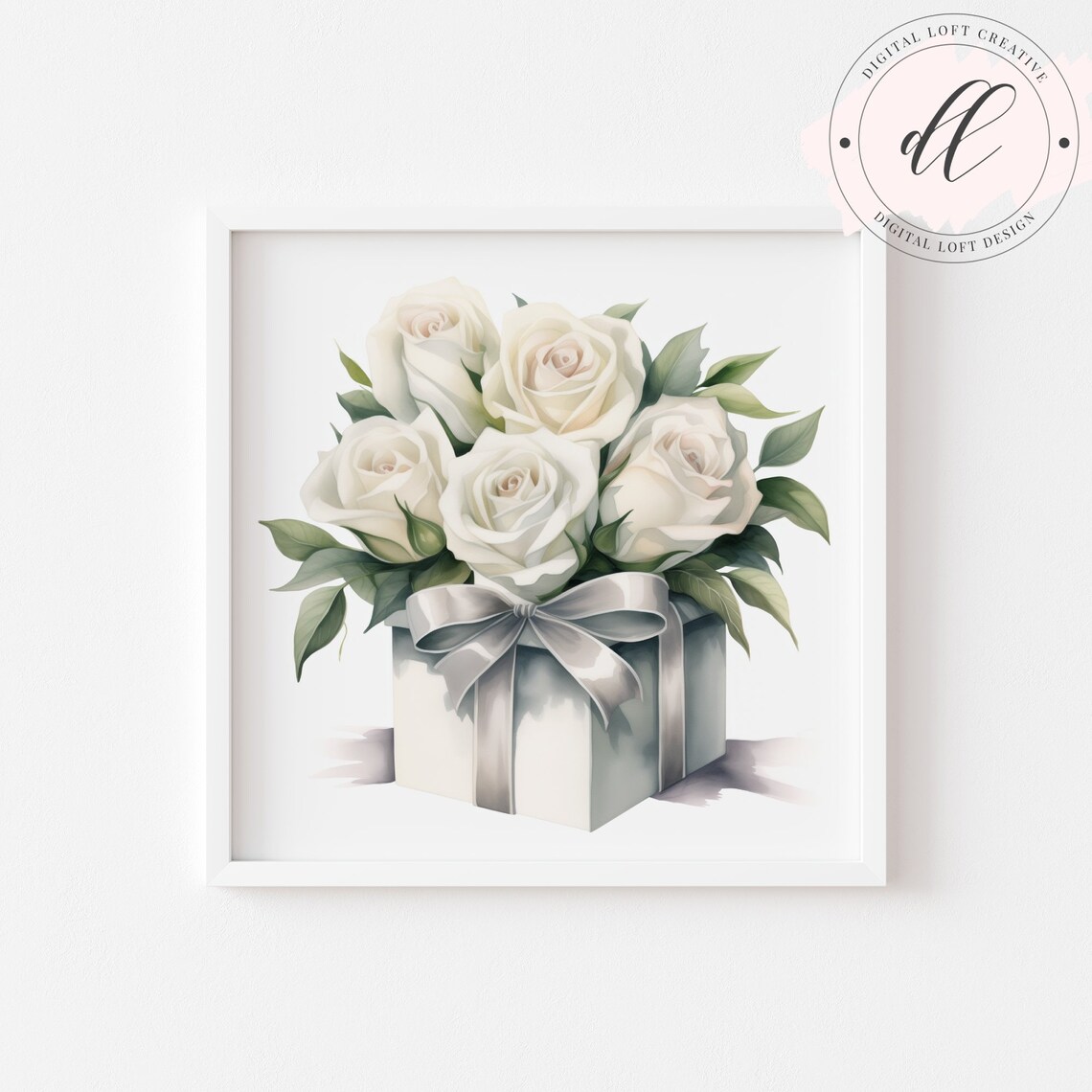 White Roses Gift Box Watercolor Elegant Floral Bouquet Wall Art - Image 2