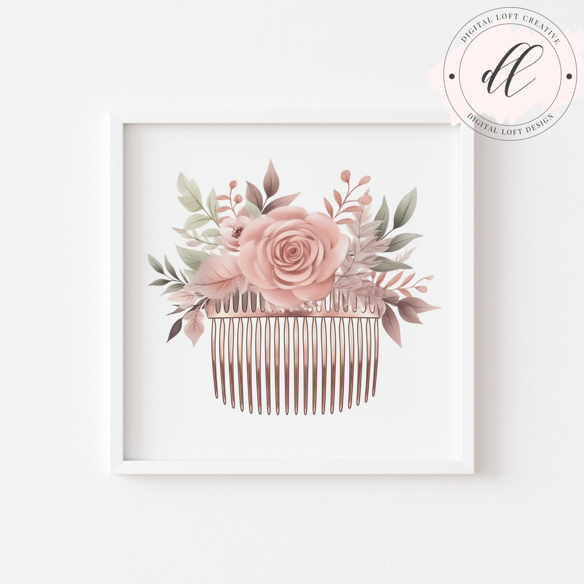 Watercolor Floral Hair Comb with Rose Elegant Bridal Art Poster