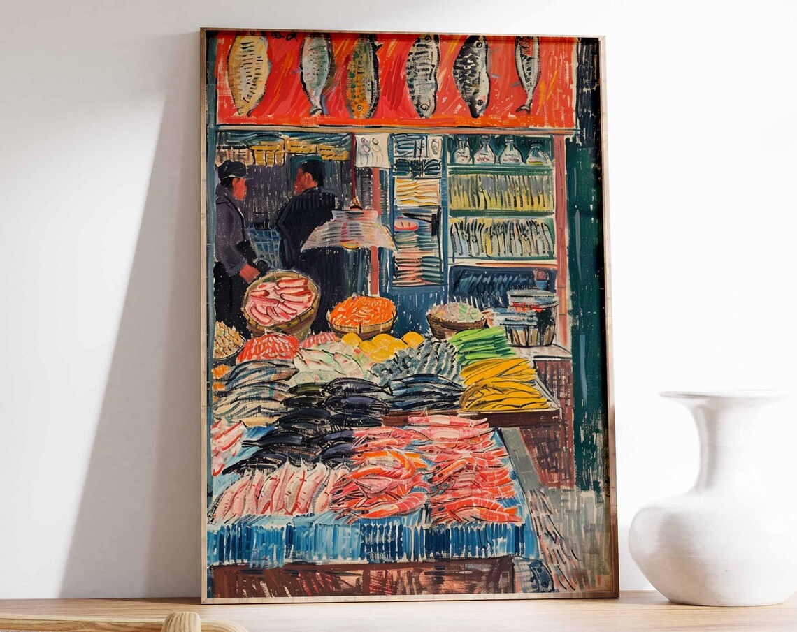 Fish Stall Market Display Expressive Still Life Painting Poster