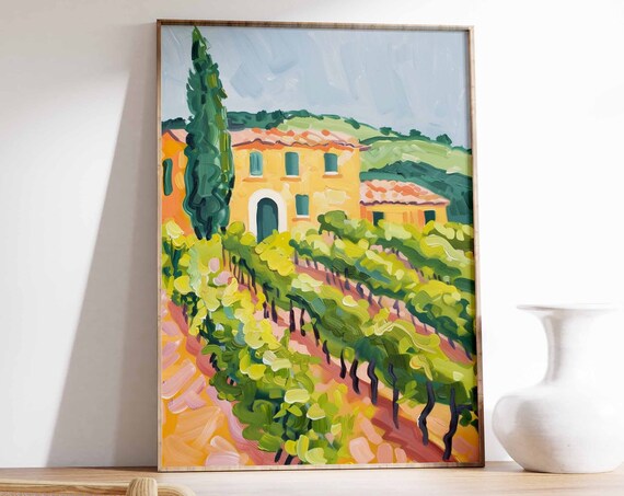 Cheerful Vineyard Villa Art Poster Gouache Summer Country Scene