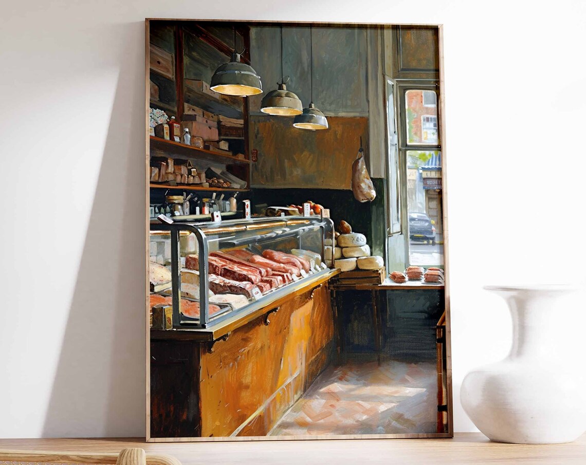 Traditional Butcher Shop Interior Meat Display Counter Poster