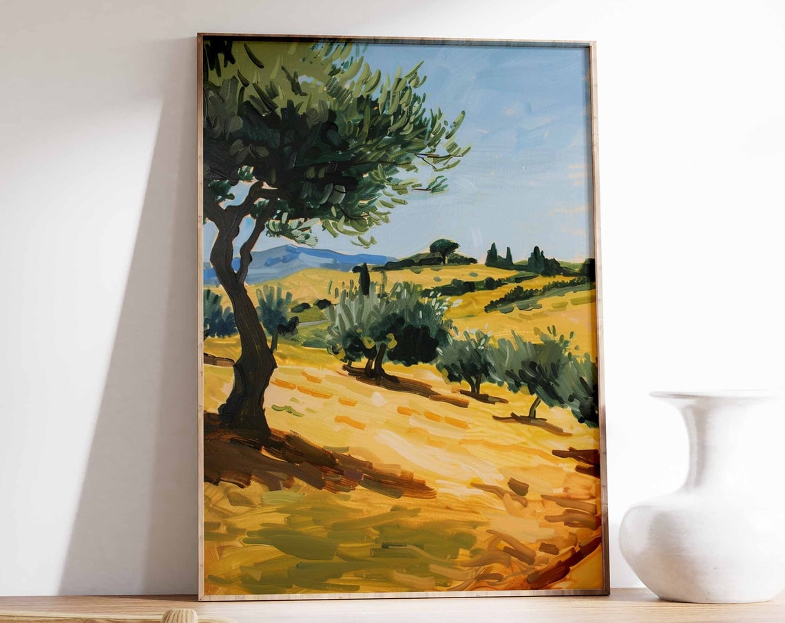 Golden Olive Grove on Sunlit Rolling Hills Under Blue Sky Poster