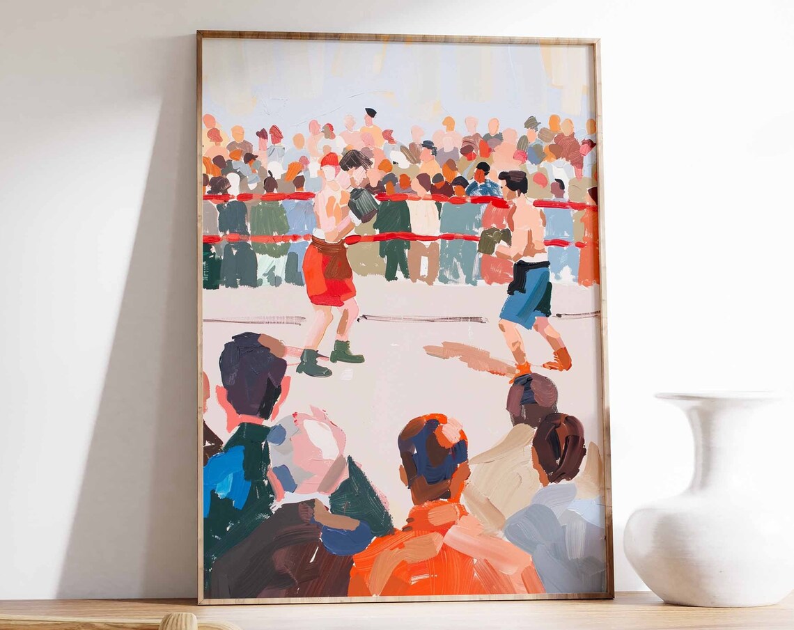 Bright Vintage Boxing Match Crowd Arena Retro Painted Sports Poster