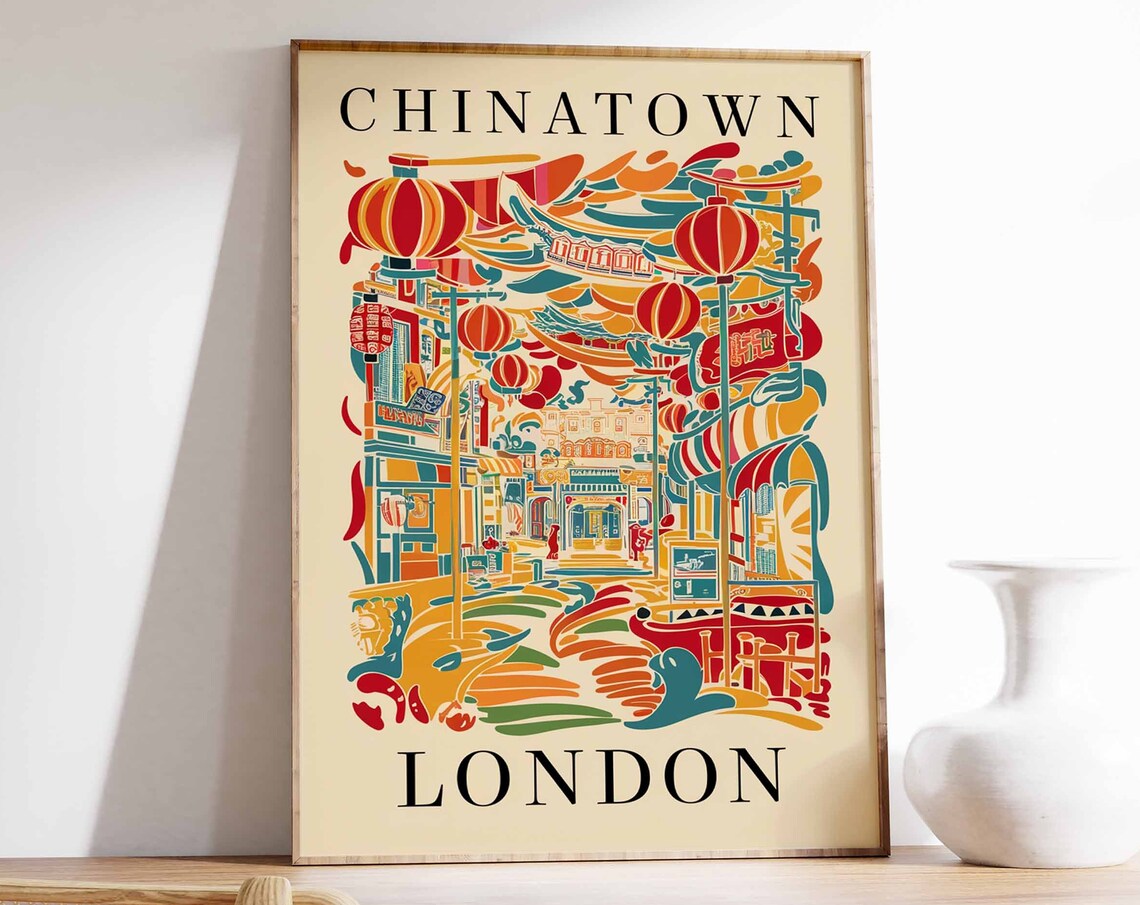Chinatown London Colorful Lantern Street Art Travel Gift Poster