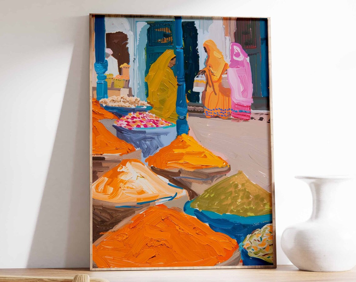 Indian Spice Market Women Saris Spice Mounds Scene Art Poster