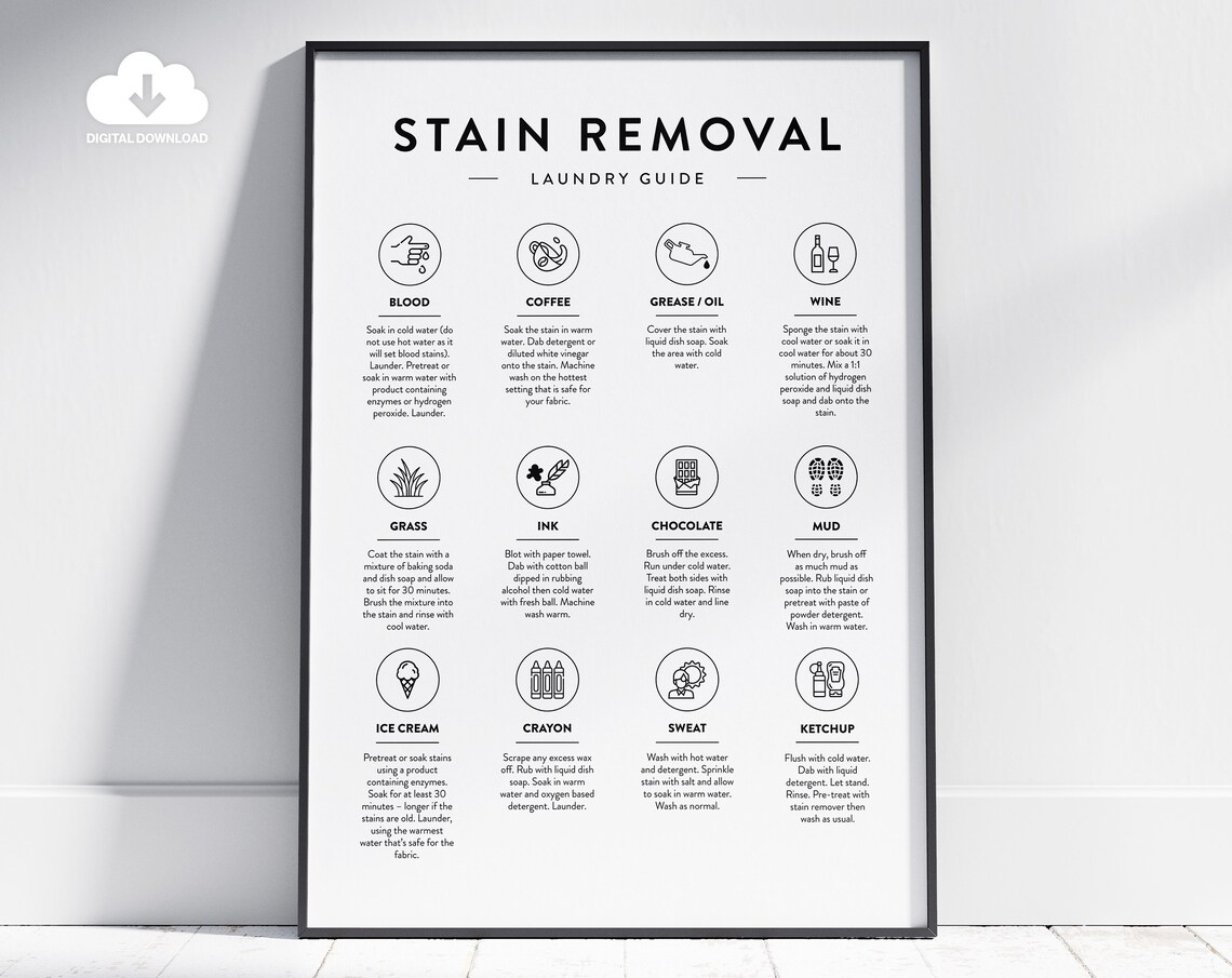Stain Removal Laundry Guide Twelve Common Stains Illustrated Poster