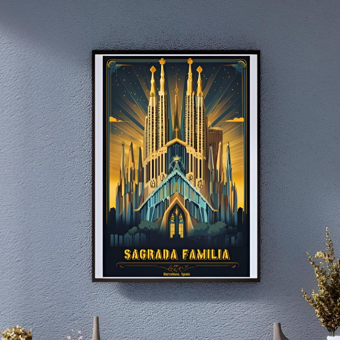 Vintage Sagrada Familia Barcelona Golden Night Glow Art Poster