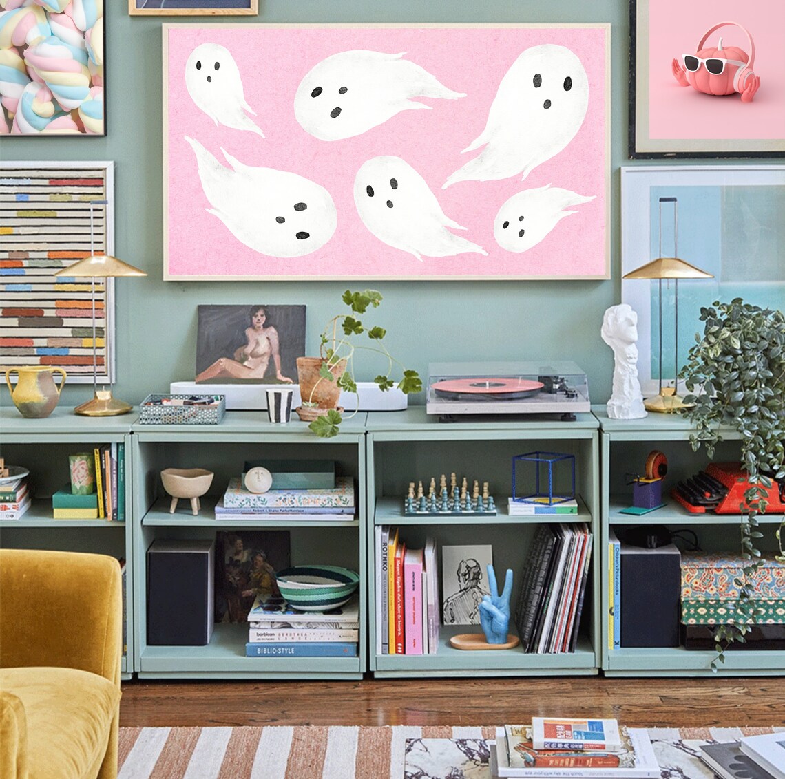 Pink Halloween Cute Ghost Watercolor Art Print - Image 3
