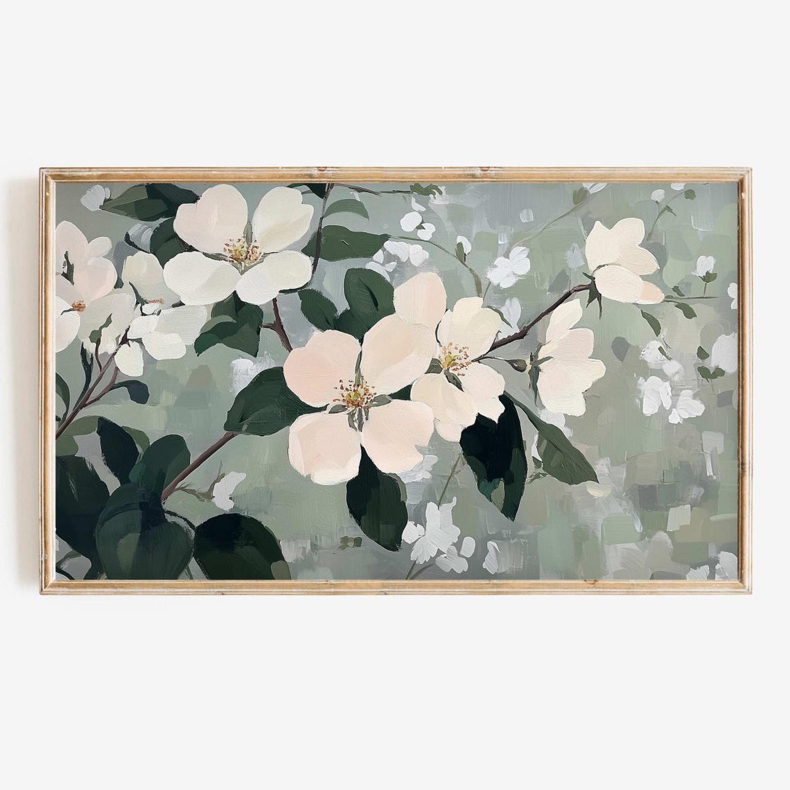 White Cherry Blossom Branch Sage Green Floral Painting Poster