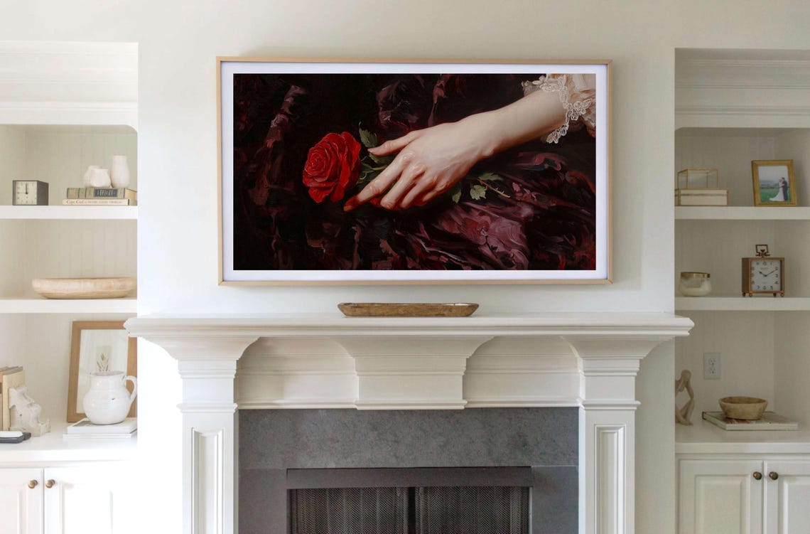 Hand Holding Red Rose On Dark Ground Moody Vintage Rose Art Poster - Image 4