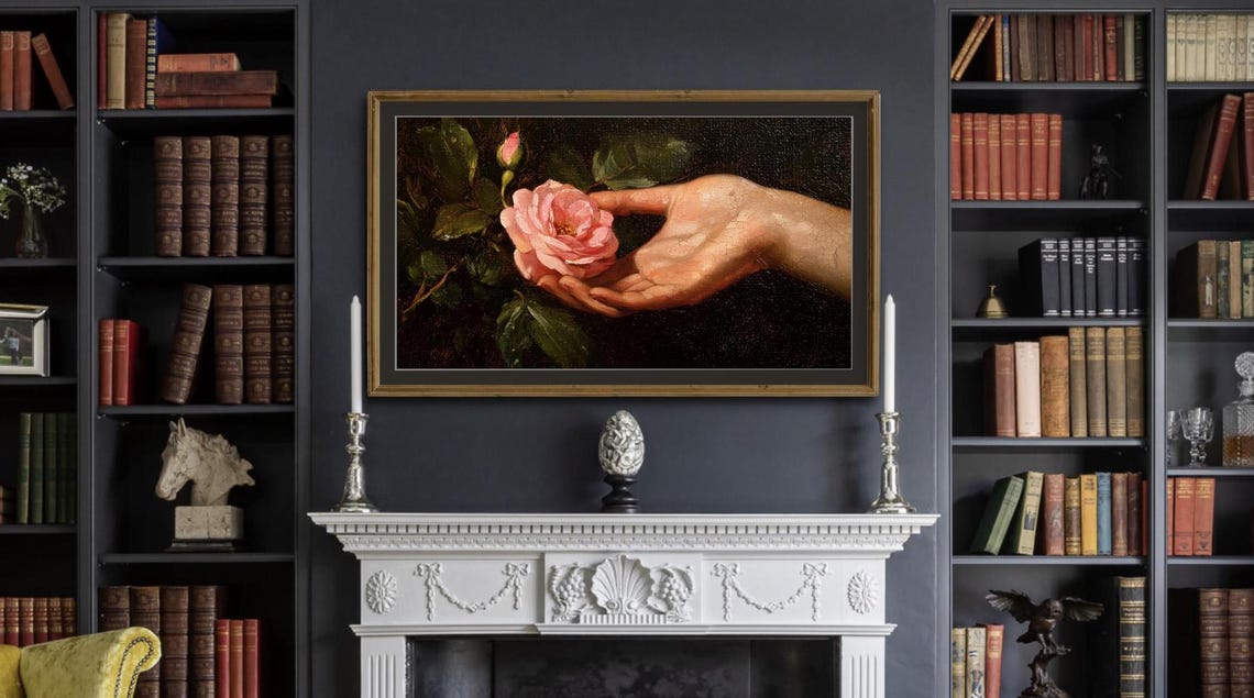 Hand Holding Pink Rose Dark Moody Vintage Floral Oil Painting Poster - Image 3