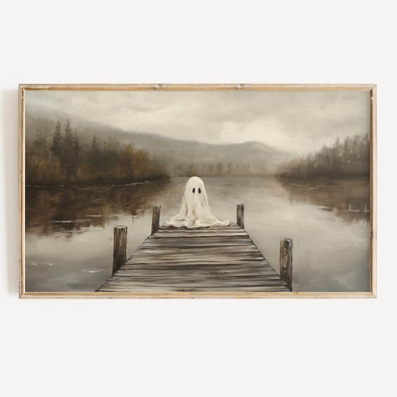 Halloween Ghost Art, Neutral Fall Lake Landscape