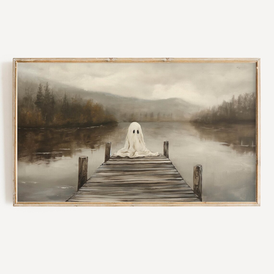 Halloween Ghost Art, Neutral Fall Lake Landscape