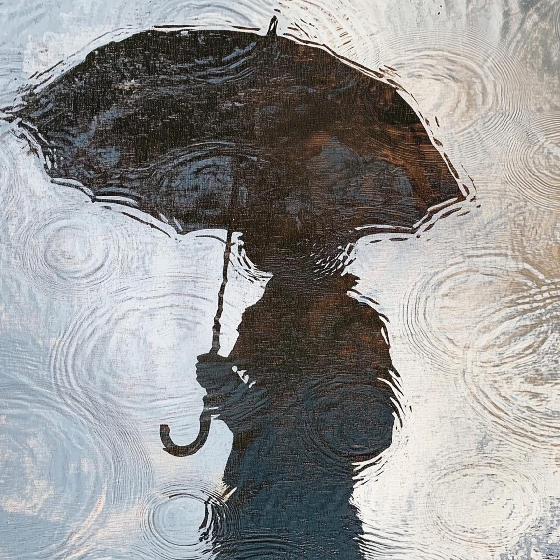 Umbrella Silhouette Rainy Day Puddle Ripples Moody Art Poster - Image 3