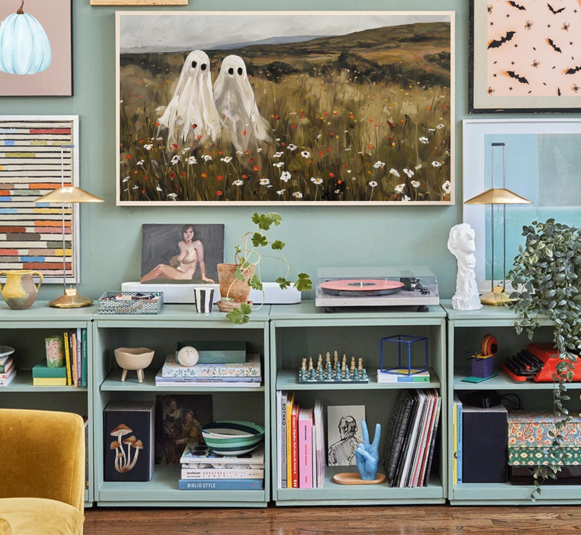 Two White Ghosts In Wildflower Meadow Vintage Halloween Scene Poster - Image 2