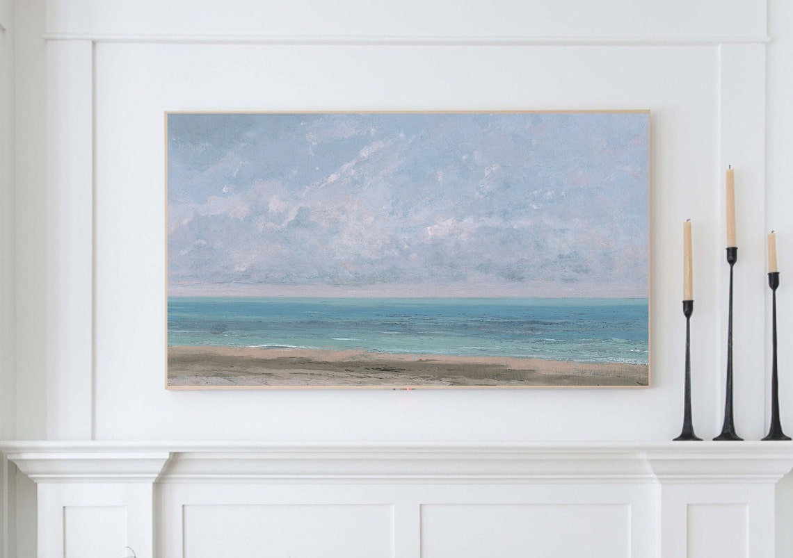 Minimalist Calm Beach Seascape Pale Sand Blue Ocean Tranquil Wall Art - Image 2