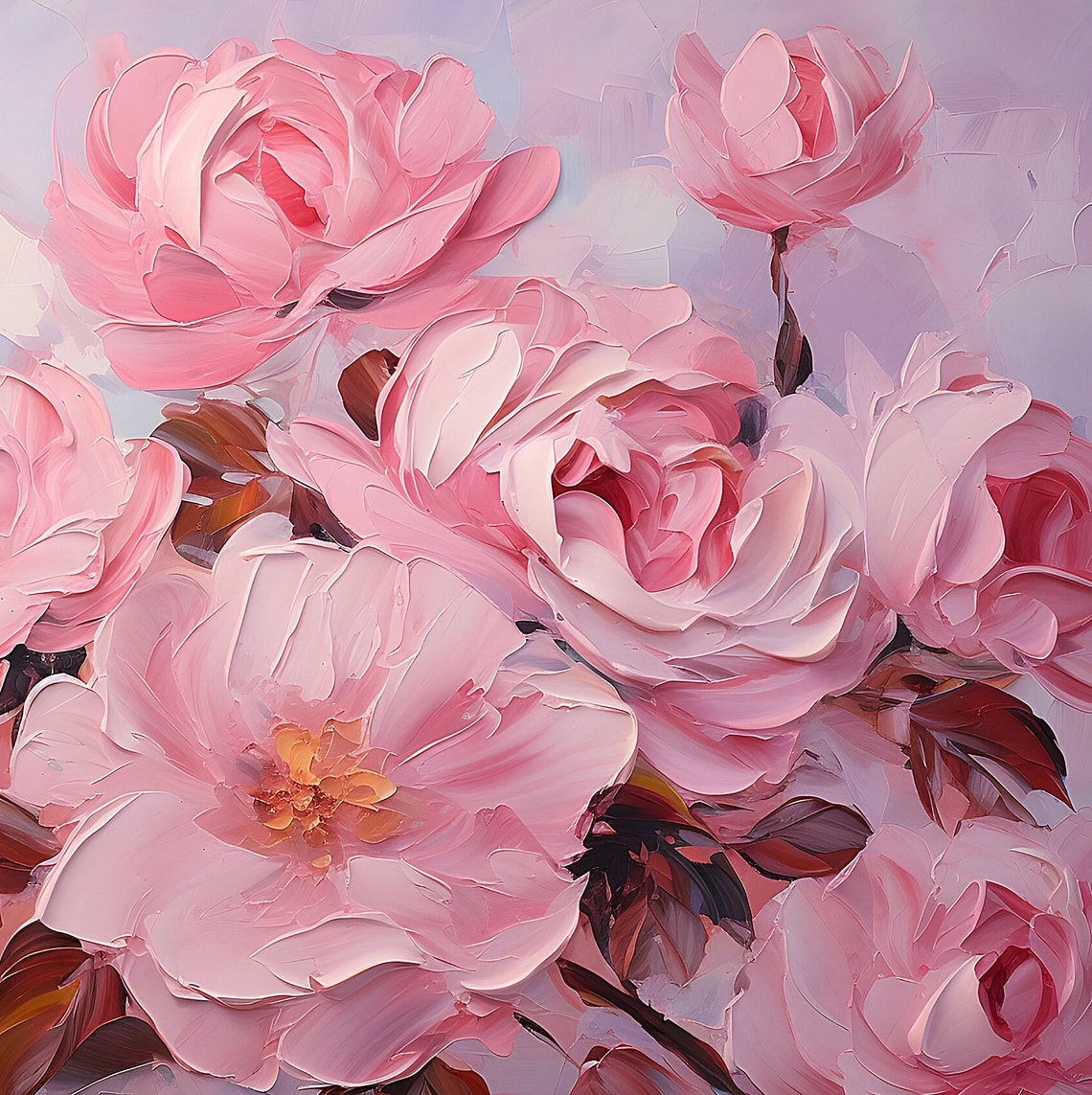 Pink Peony Roses Bouquet Lavender Textured Impasto Floral Poster - Image 3