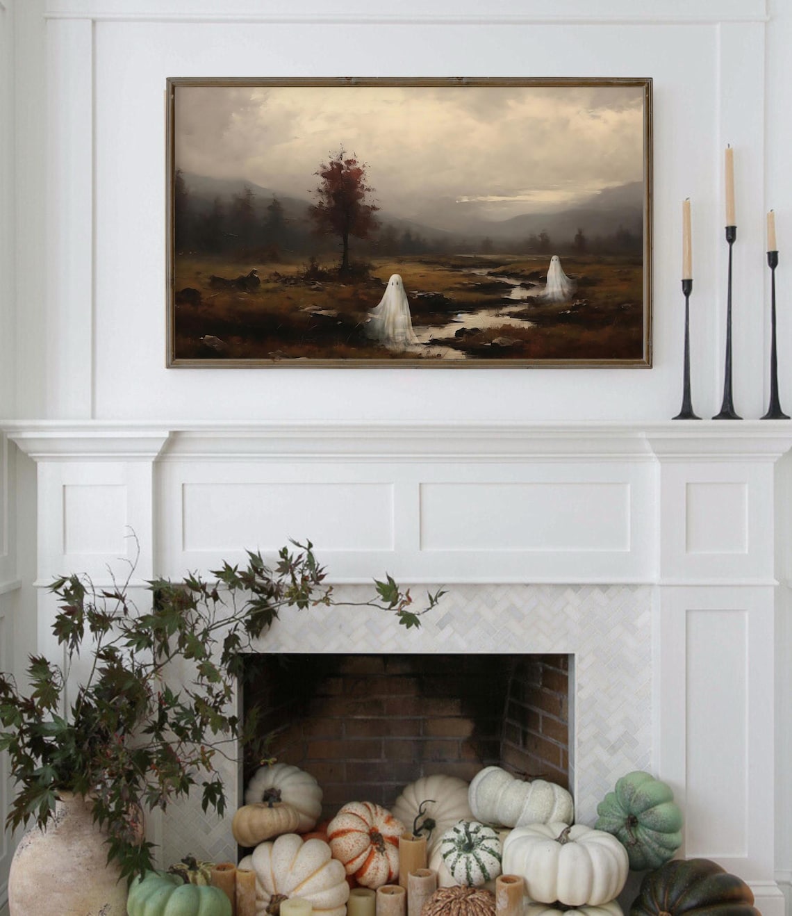 Vintage Halloween Ghost Painting, Autumn Landscape Art Print - Image 3