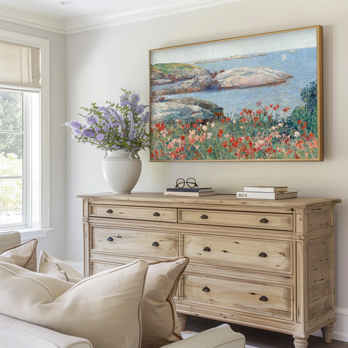 Vintage Ocean Landscape With Poppy Wildflowers Art Print - Image 3