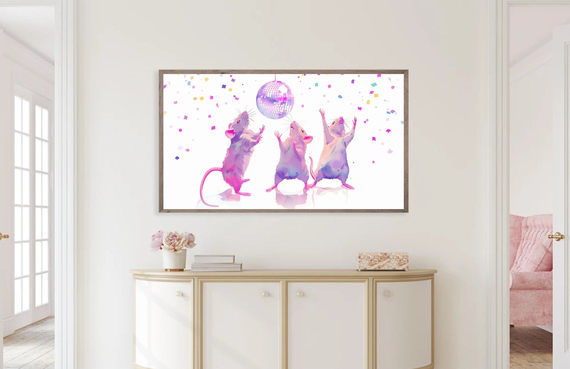 Three Dancing Rats Under Disco Ball Confetti Party Animal Wall Art - Image 3