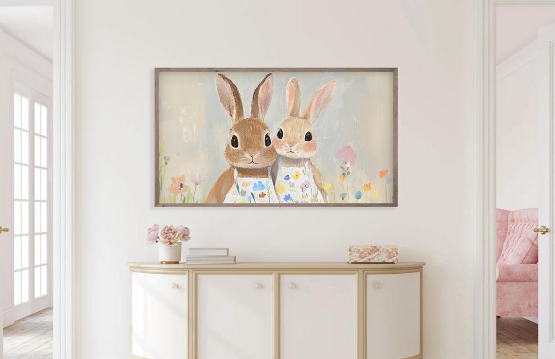 Frame Tv Art Easter Bunny Wildflower Spring Frame Tv Art Cute Rabbit Kids Art For Tv Background - Image 4