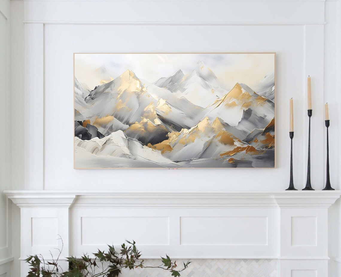 Winter Abstract Art Print, Modern Gold Frame TV - Image 3