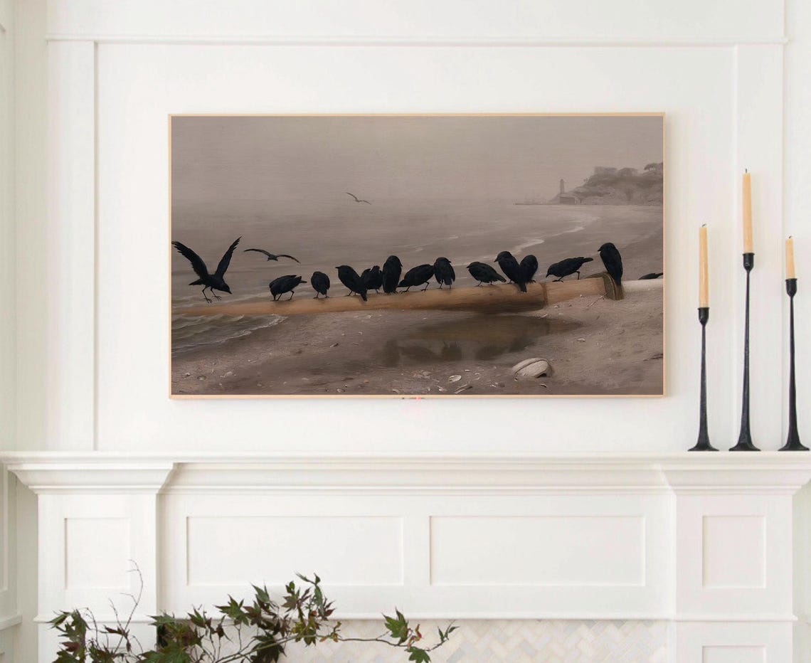 Crows Perched Log Misty Beach Vintage Neutral Fall Painting Poster - Image 3