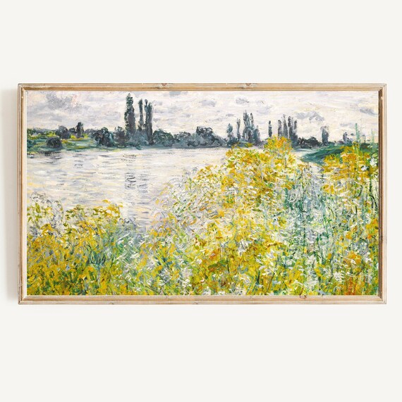 Vintage Wildflower Lake Landscape Yellow Blooms Impressionist Poster