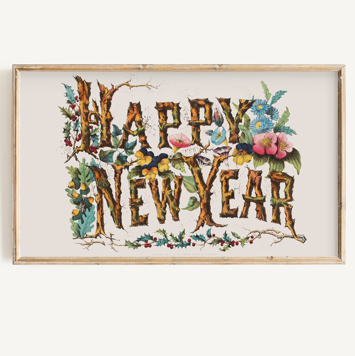 Happy New Year Vintage Botanical Tree Bark Lettering Art Print